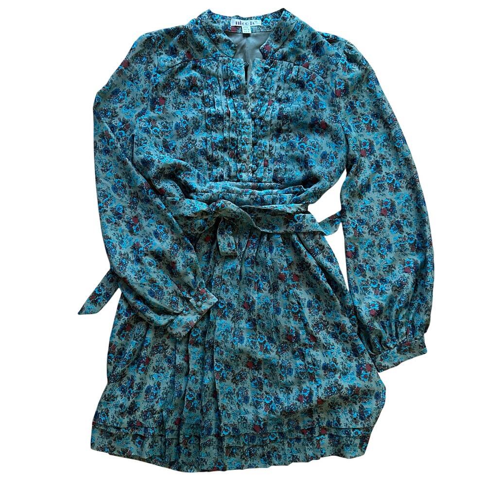 VINTAGE x Women Turquoise Blue Floral Print Ruffle Ruched Dress boho peasant sz5